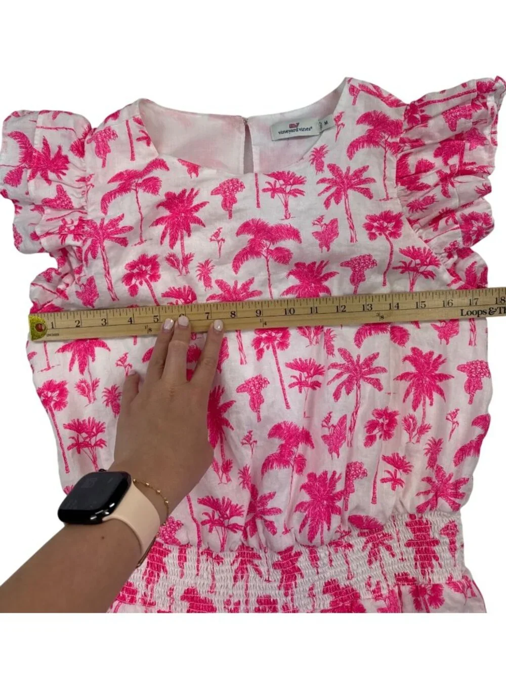 Vineyard Vines Women's M Linen Pink Palm Mini Dress Smocked Ruffle Tropical Res - Picture 6 of 11